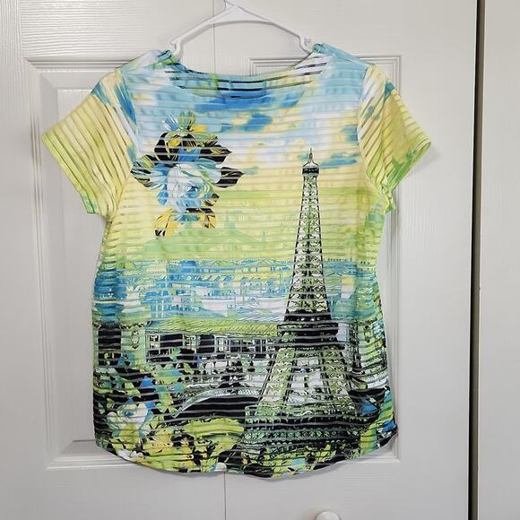 Onque Casual Women's Short Sleeve Floral Eiffel Tower Top Shirt Size PS Art Wear - Picture 2 of 10